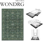 9x12 Washable Area Rug for Living Room Bedroom Vintage Green Non Slip Carpet Traditional Retro Soft Low Pile Large Throw Rug for Dining Room Kitchen Office Indoor