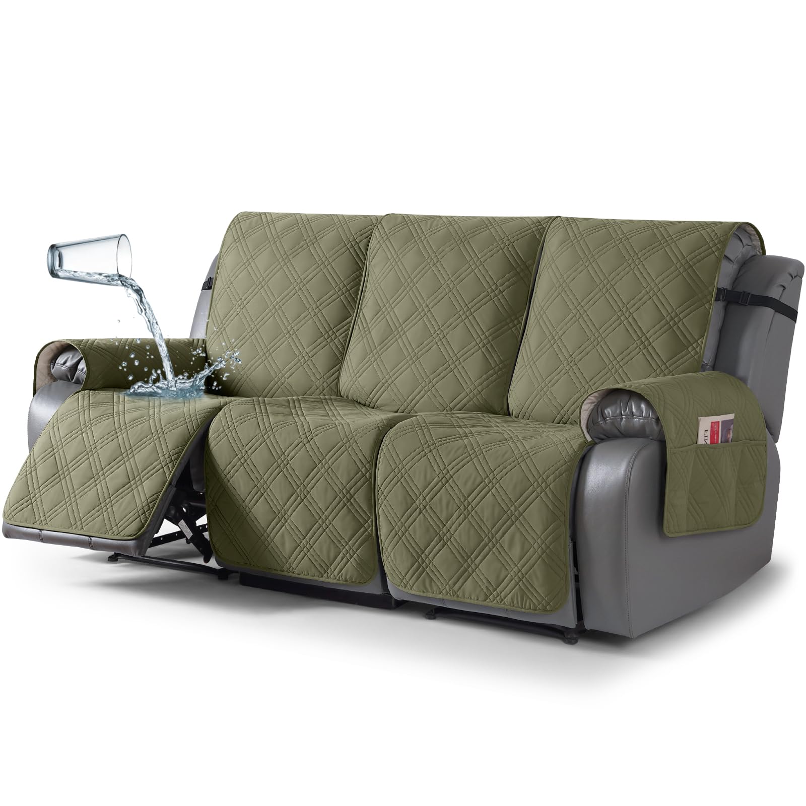 TAOCOCO 100% Waterproof Recliner Sofa Cover, Non Slip Split Couch Covers for Reclining Couches with Straps, Washable Reclining Sofa Cover Furniture Protector for Kids Pets(3 Seater, Green)