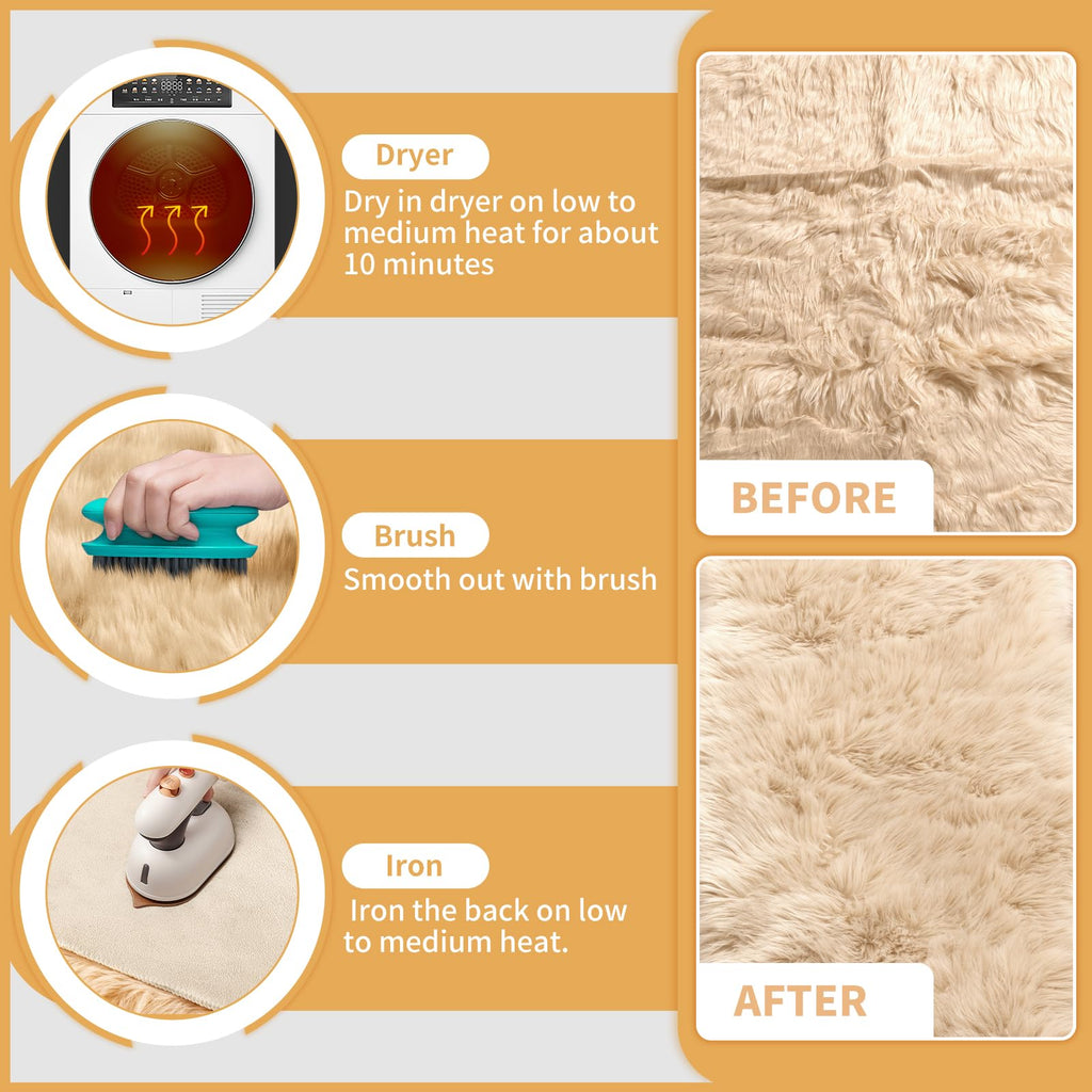 Ciicool Beige Faux Fur Sheepskin Rug 8 x 10 Feet, Large Sofa Fluffy Carpet