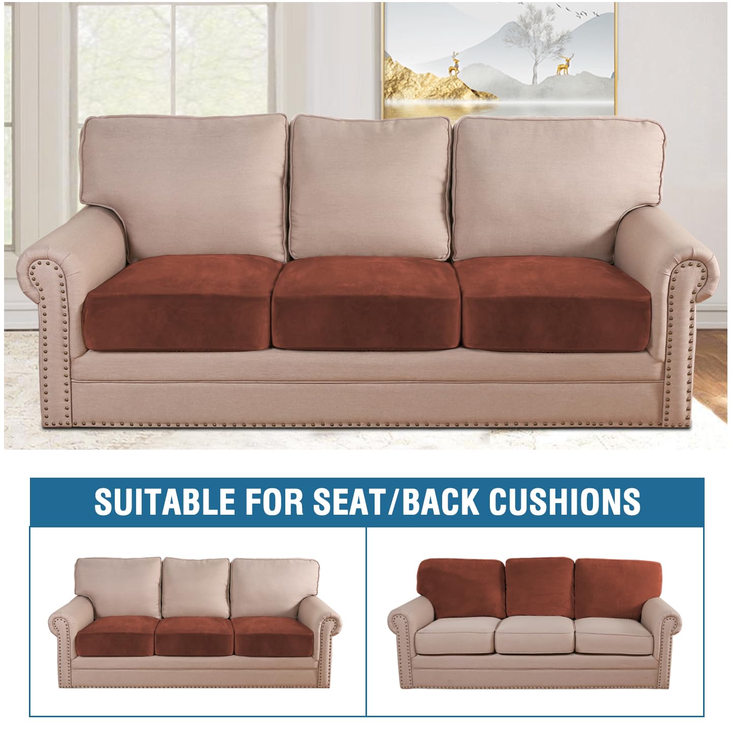 H.VERSAILTEX Velvet Stretch Couch Cushion Cover Plush Cushion Slipcover for Chair Loveseat Sofa Cushion Furniture Protector Seat Cushion Sofa Cover (3 Piece Sofa Cushion Covers, Rust)