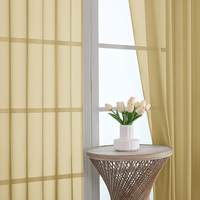 OWENIE Sheer Curtains 84 Inches Long 2 Panels Set, Sheer Gold Curtains for Living Room Bedroom 59 Inch Extra Wide, Modern Voile Filmy Rod Pocket Drapes, 2 Pcs, Each 59 W x 84L, Gold
