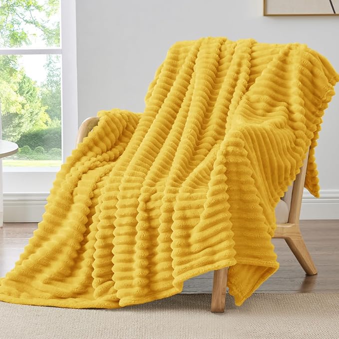 BEDELITE Twin Blanket for Couch & Bed, 300GSM Soft & Warm Fleece Blanket, Decorative and Giftable Striped Light Yellow Blankets for Women, Men, 60"x80"