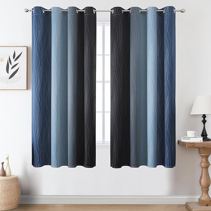 Navy Blue and Black Ombre Blackout Curtains for Bedroom 63 Inch Length