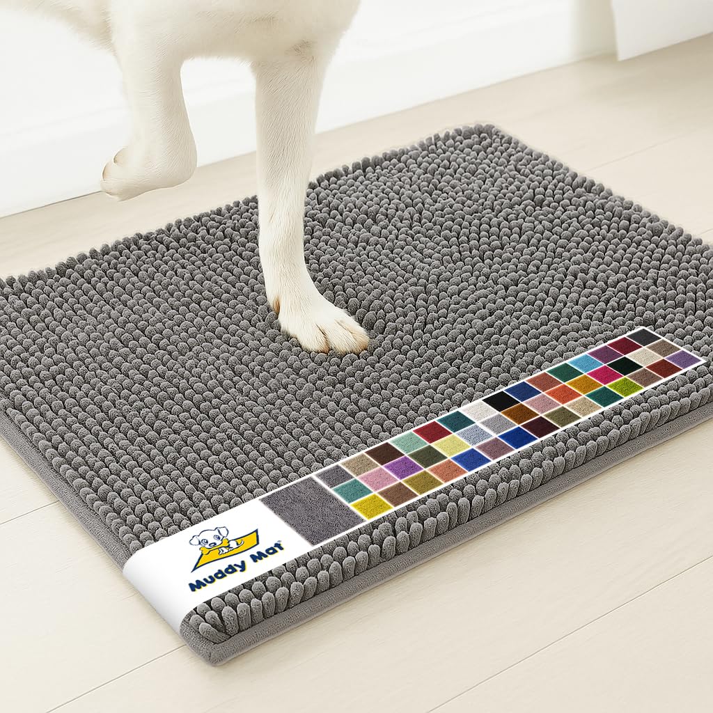 Muddy Mat® | Super Water Absorbent Door Mat Indoor, Microfiber Quick Dry Chenille Entryway Rug, Slip Resistant Front Door Mat, Indoor Mats for Entryway, Machine Washable Pet Rug, Grey 24"x36"