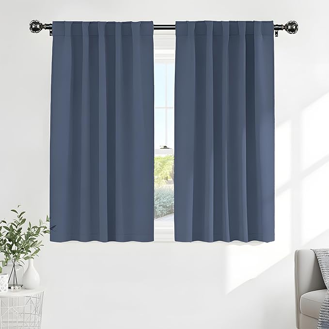 PONY DANCE Kitchen Window Curtains - Light Block Home Decor Back Tab Draperies Heavy-Duty Thermal Insulated Curtain Panels, W 52" x L 45", Blue Haze, 2 Pieces