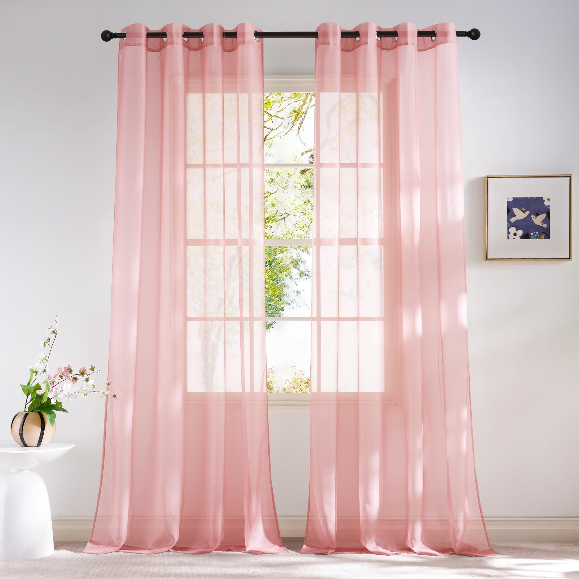 NICETOWN Voile Sheer Baby Pink Curtains for Girls Room, Grommet Light Filtering Sheer Window Treatments Airy & Elegant for Nursery/Bedroom, 2 Panels, W54 x L84