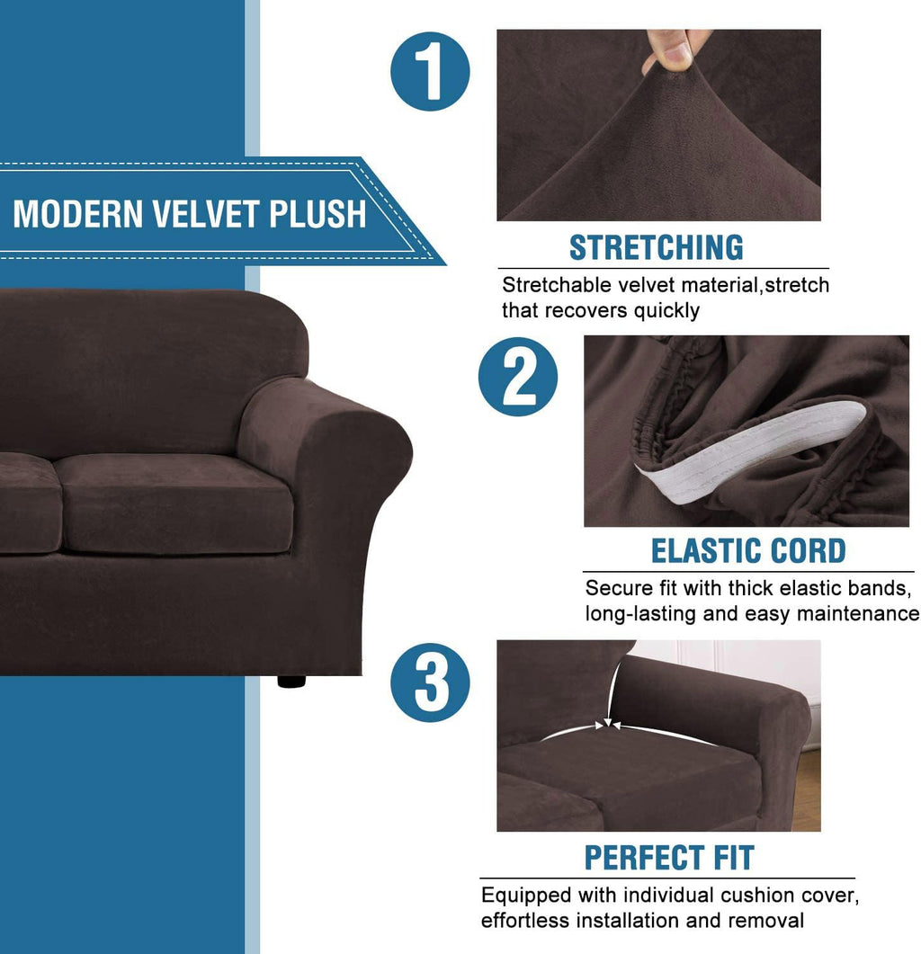 H.VERSAILTEX Rich Velvet Stretch 2 Piece Cover Chair Slipcover Sofa Cover Furniture Protector Couch Soft with Elastic Bottom Chair Couch Cover with Arms Width Up to 49 Inch(Chair,Brown)