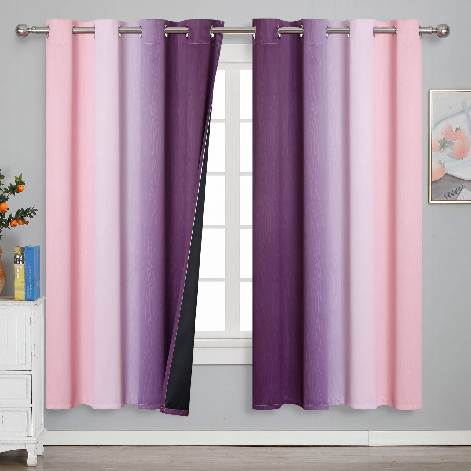 Pink and Purple Ombre Blackout Curtains for Girls Bedroom 72 Inches Long