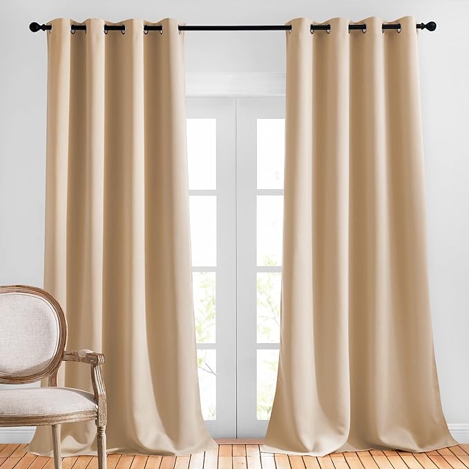 NICETOWN Blackout Curtains & Drapes for Living Room - Grommet Window Treatment Thermal Insulated Solid Sound Reducing Drapes for Bedroom (Biscotti Beige, Set of 2, W52 x L90)