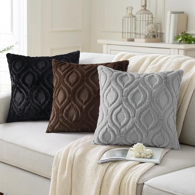 decorUhome Faux Fur Plush Soft Black Throw Pillow Covers 18x18 Set of 2