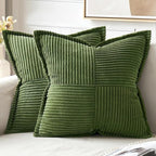 MIULEE Spring Decorative Throw Pillow Covers for Couch Bed Livingroom 16x16 Inch Set of 2 Moss Green Boho Accent Throw Pllows Broadside Striped Patchwork Soft Corduroy Summer Pillowcases
