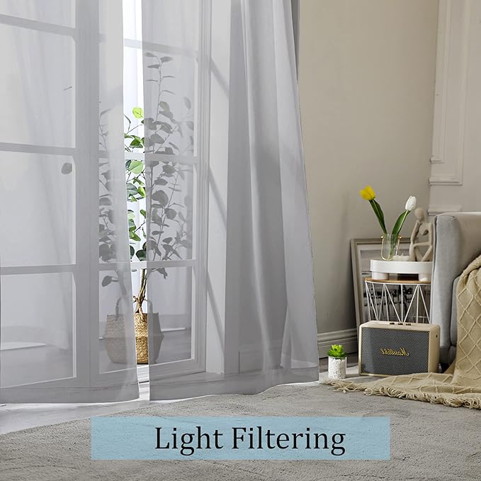 OWENIE Gray Sheer Curtains, Sheer Curtains 63 inch Length 2 Panels Set, Rod Pocket Voile Fimly Sheer Drapes for Living Room/Bedroom, 2pcs, Each 42" W x 63" L