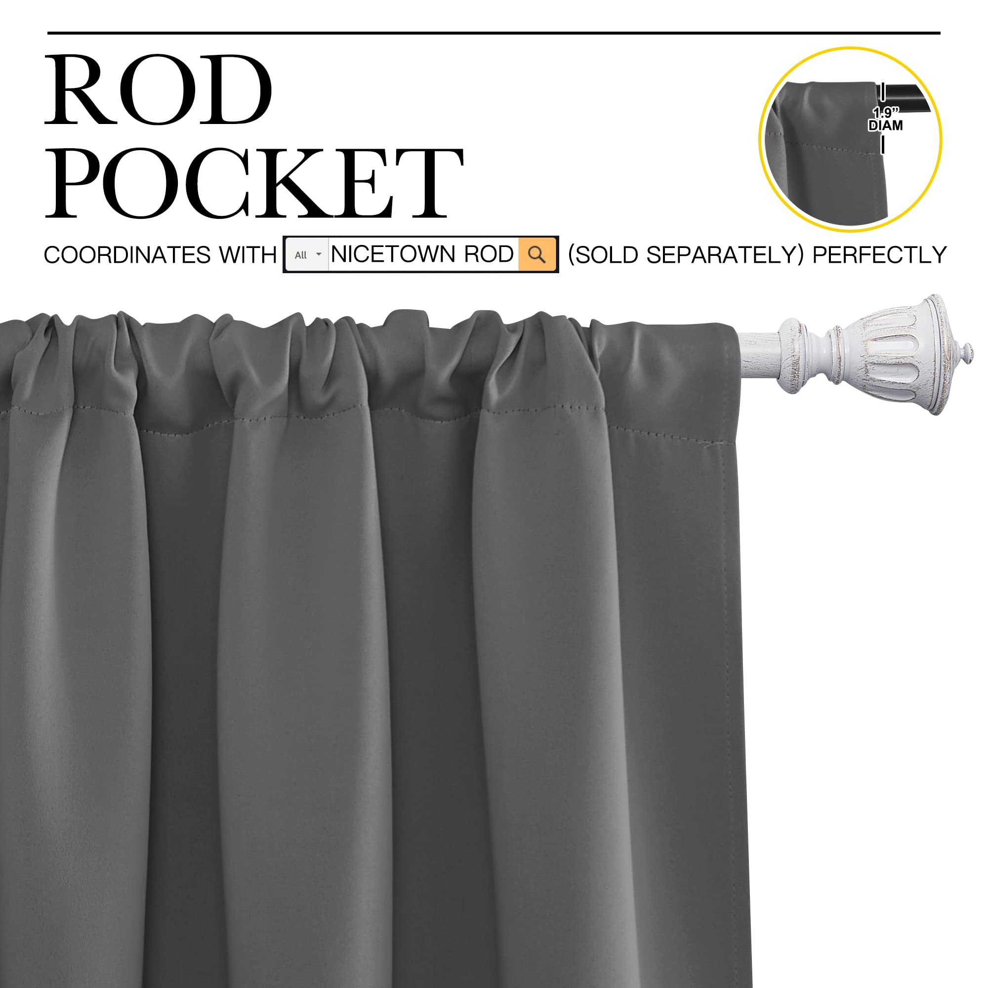 NICETOWN Grey Window Curtains for Bedroom - Home Decoration Thermal Insulated Rod Pocket Blackout Blinds & Drapes for Small Windows (Gray, 2 Panels, W34 x L40 -Inch)