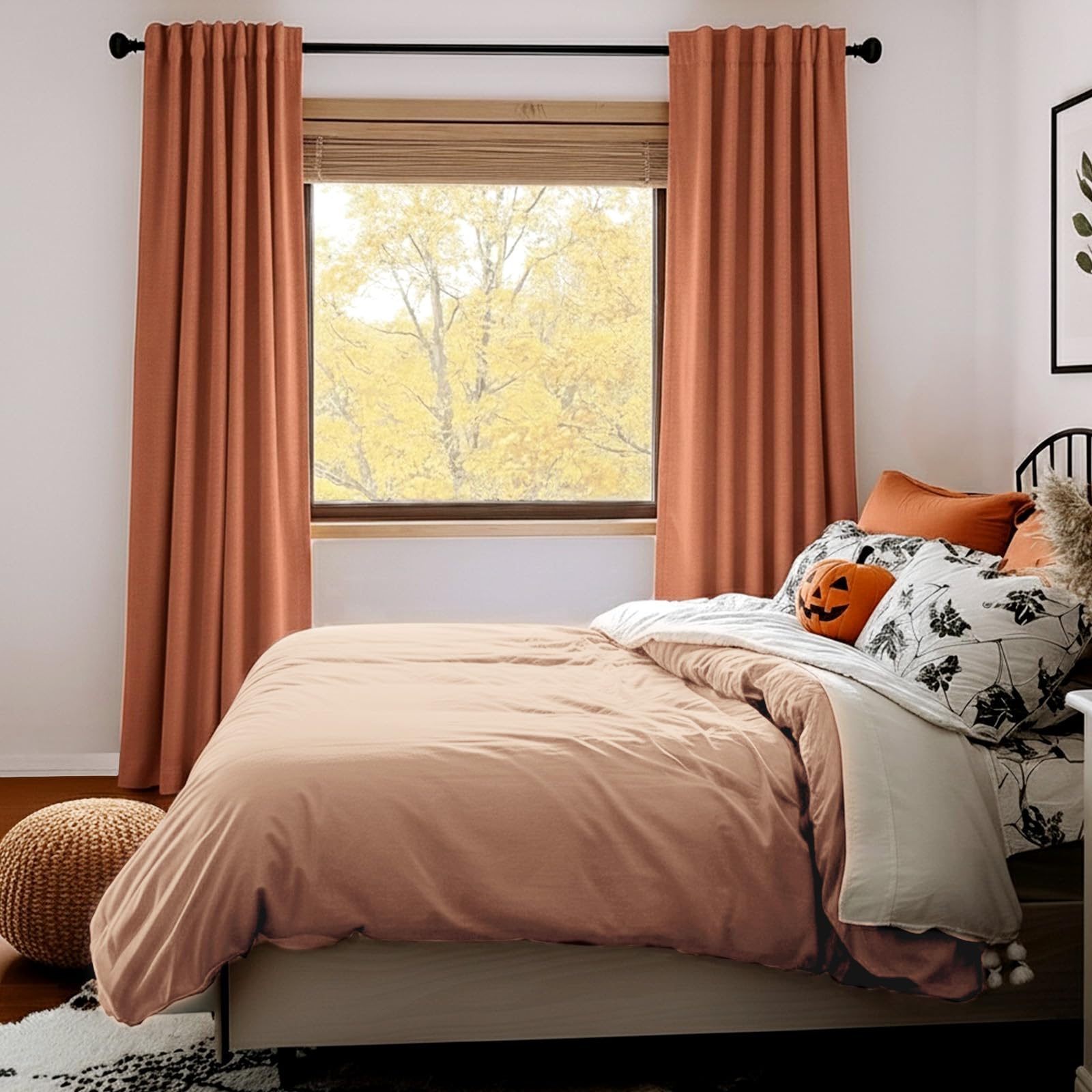 Faux Linen Total Blackout Curtains for Bedroom 96 Inch Long Burnt Orange
