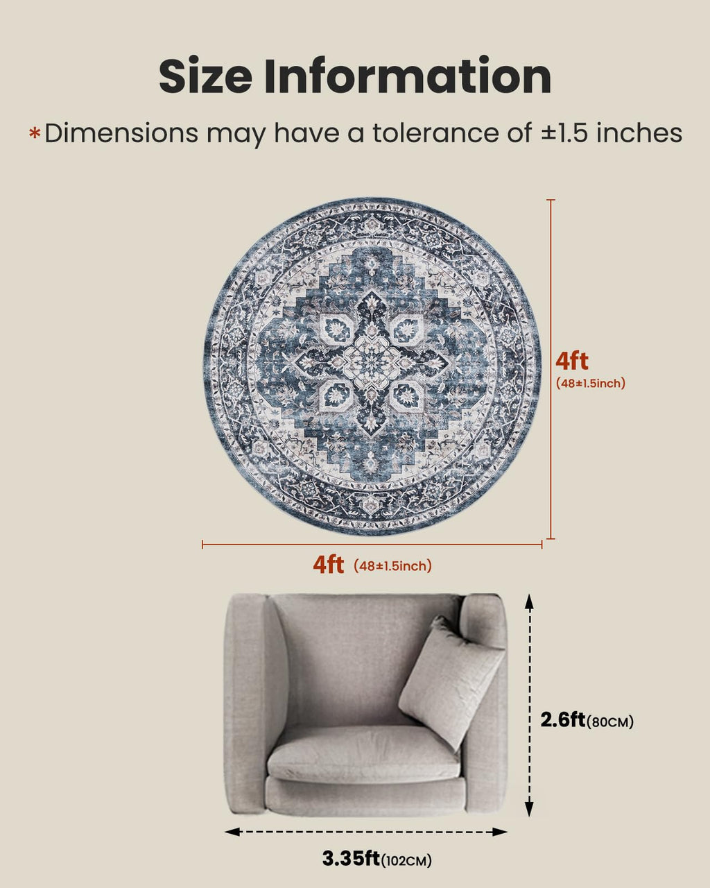 AMADA HOMEFURNISHING Round 4ft Area Rugs, Low-Profile Washable Rug with Non-Slip Backing & Durable Edge Binding, Vintage Rugs for Living Room, Bedroom, Dinning Room