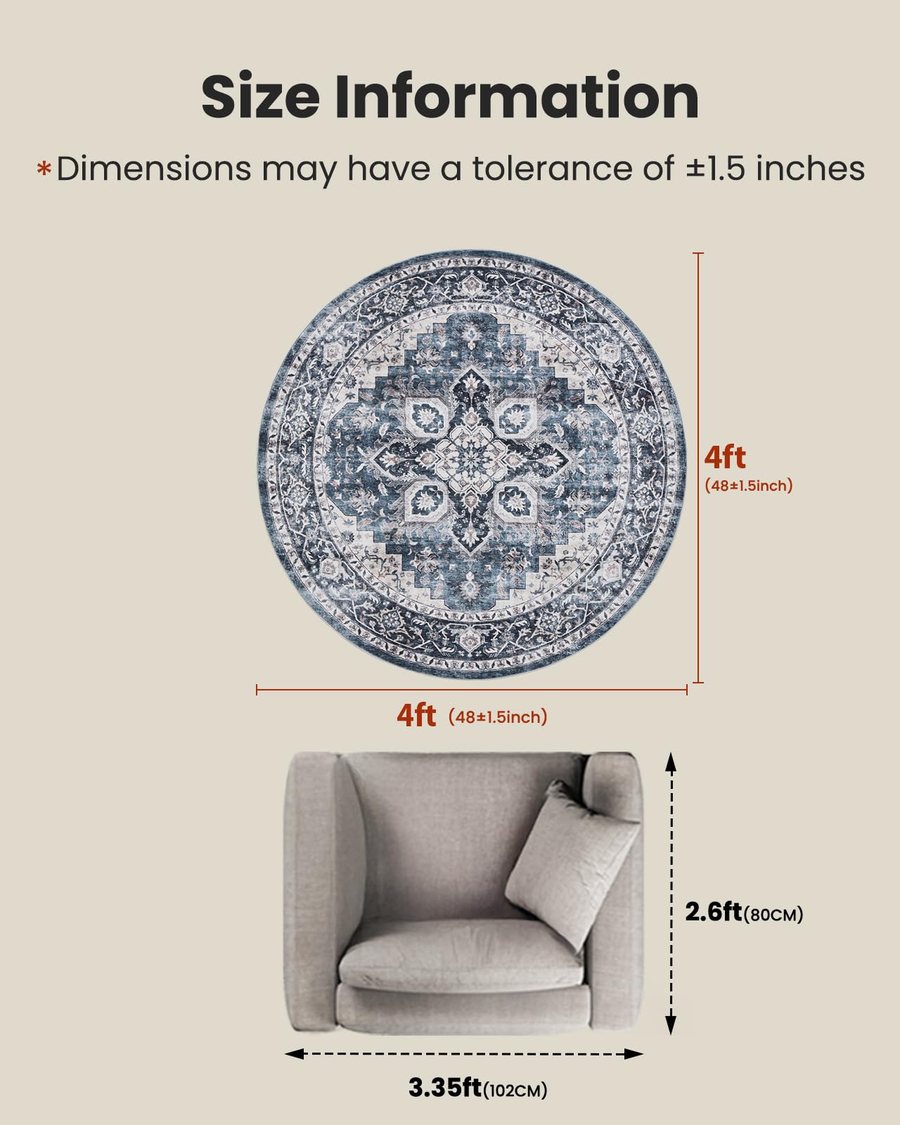 AMADA HOMEFURNISHING Round 4ft Area Rugs, Low-Profile Washable Rug with Non-Slip Backing & Durable Edge Binding, Vintage Rugs for Living Room, Bedroom, Dinning Room