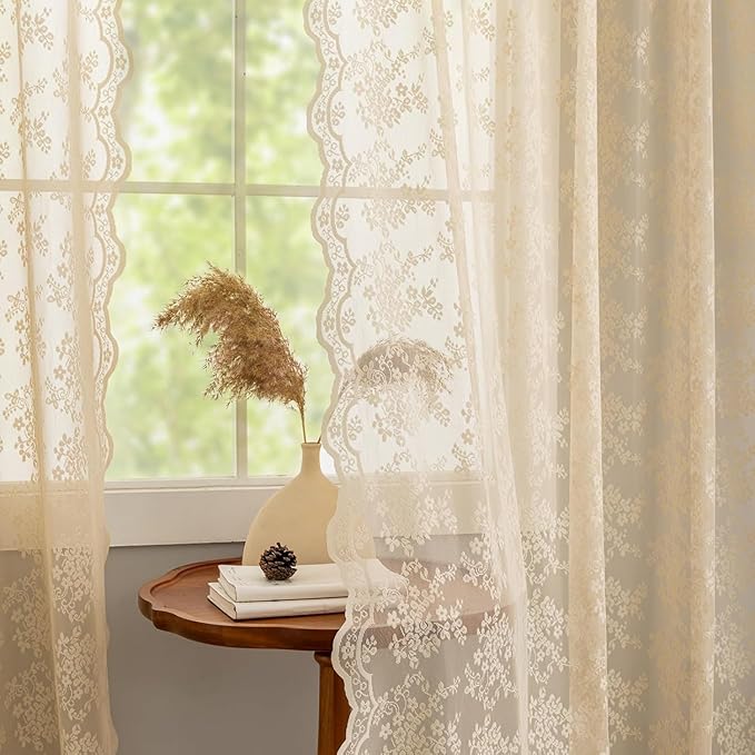 YJ YANJUN Vintage Lace Curtains 132 Inches Long-Victorian Floral Fancy Beige Sheer Curtain Panels for Living Room Bedroom,Light Filtering, Boho 70s Grandma Core Decor 2 Panels 52W x 132L