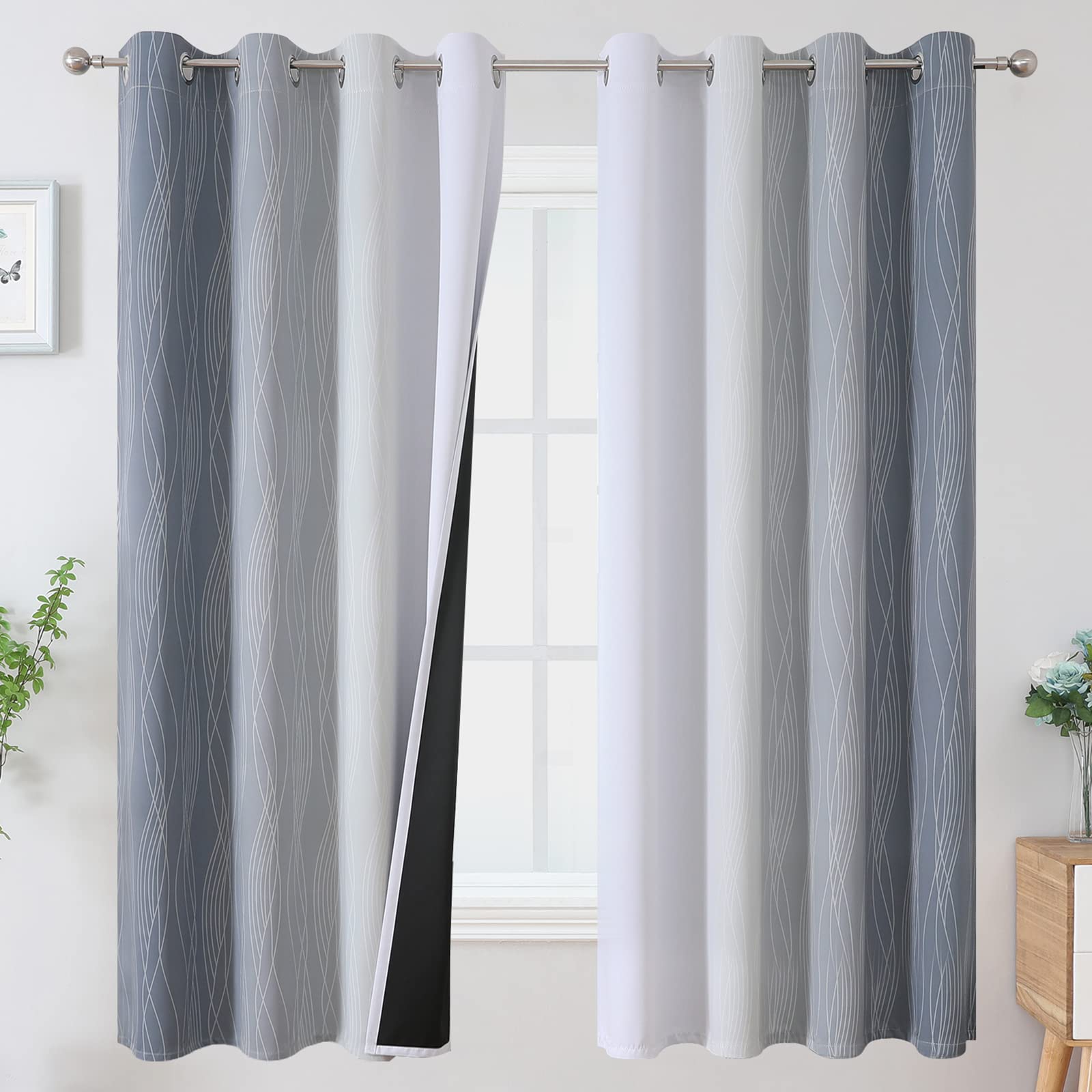 Gray and Greyish White Ombre Blackout Curtains for Bedroom 63 Inch Long