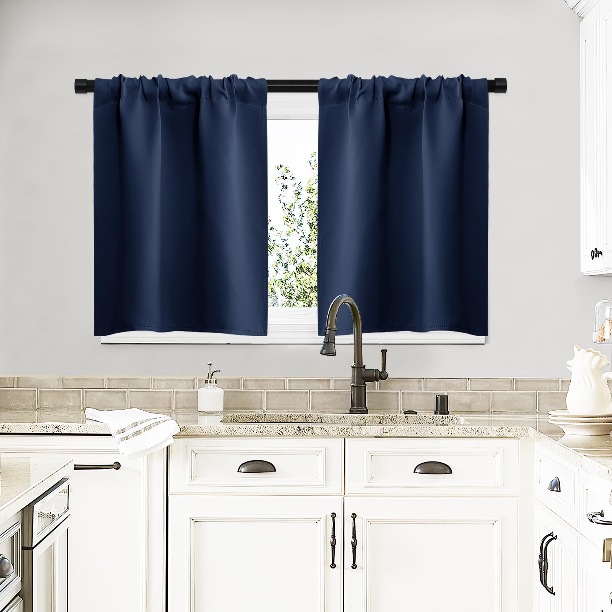 NICETOWN RV Blackout Curtains for Camper Windows, Kitchen Curtains, Short Blackout Curtains & Drapes, Thermal Insulated Rod Pocket Window Treatment Draperies for Nursery (Navy, 29" x 20", Set of 2)