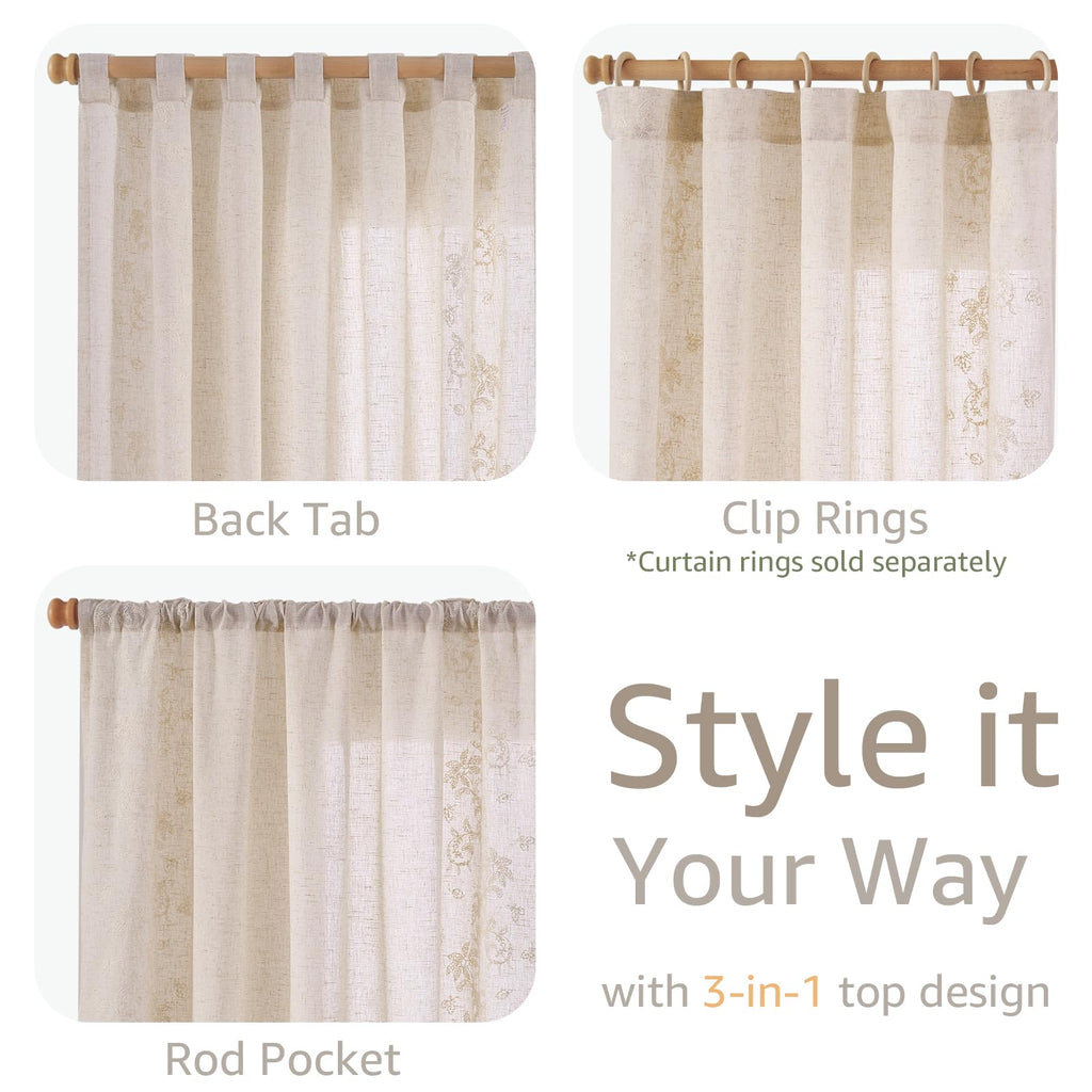 jinchan Floral Linen Curtains 84 Inch Farmhouse Backt Tab 2 Panels Ivory