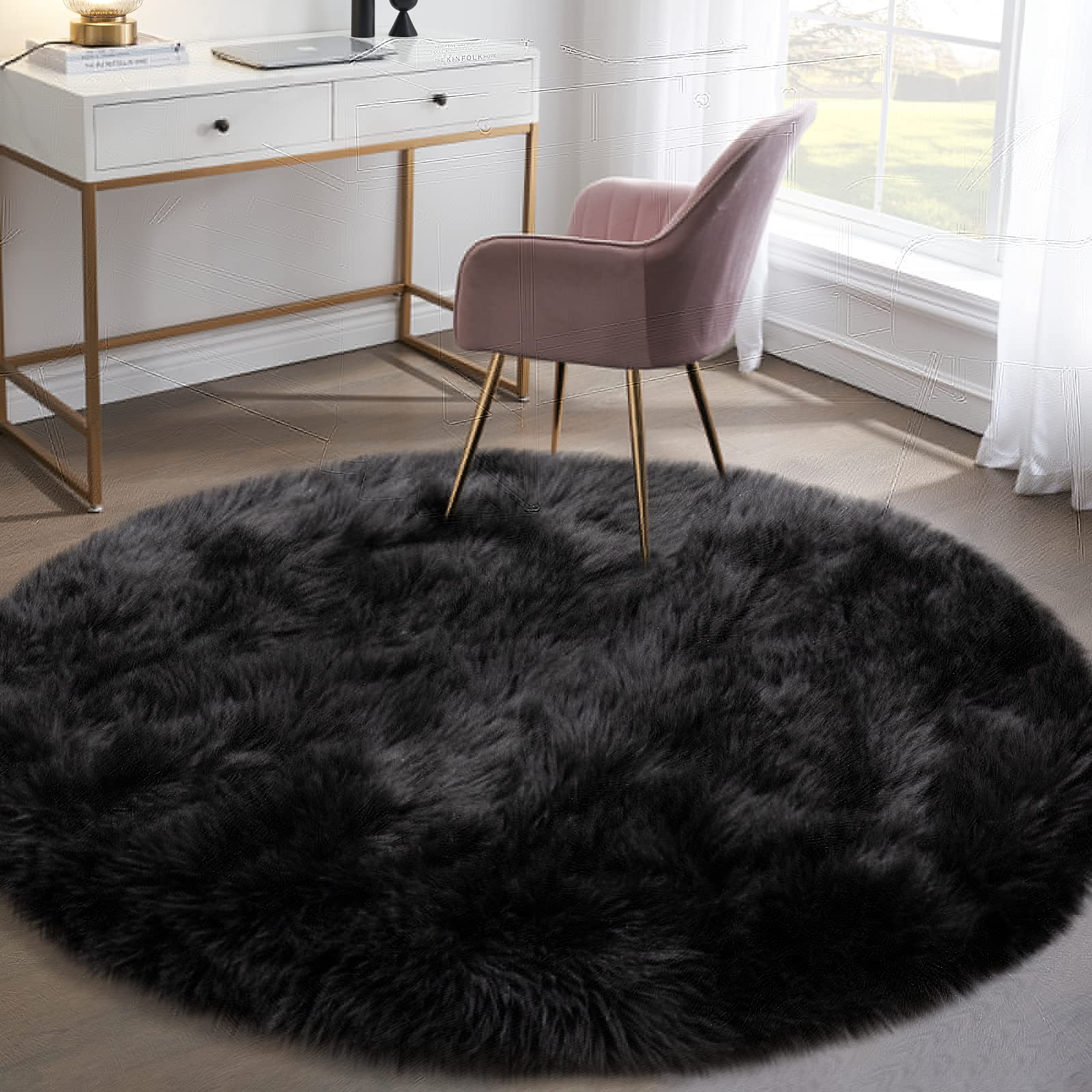Tangsoo Round Faux Fur Rugs,Sheepskin Round Rugs 3ft,Soft Black Circle Rug