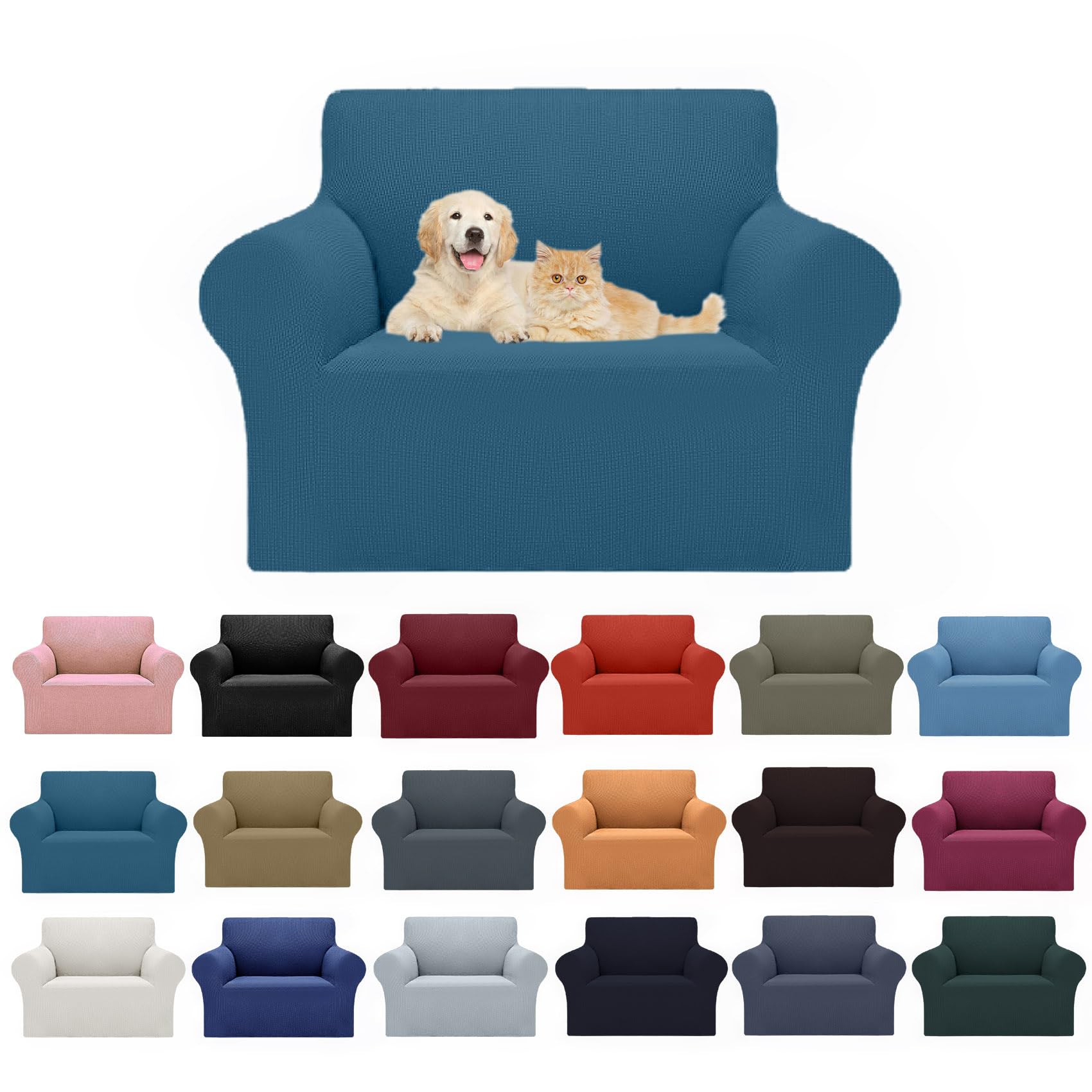 Cupuamon 2026 New Stretch Chair Sofa Slipcovers Couch Cover for 1 Seater Furniture Protector Sofa Covers with Elastic Bottom Jacquard Fabric Small Checks for Pets, Kids - Peacock Blue