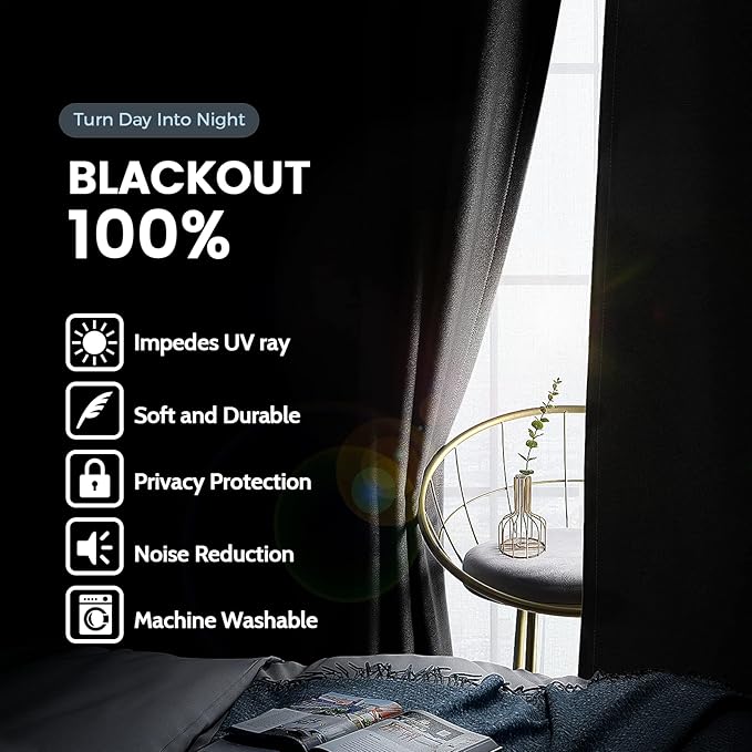 SimpleHome Black 100% Blackout Curtains Room Darkening Living Room 84 Inch