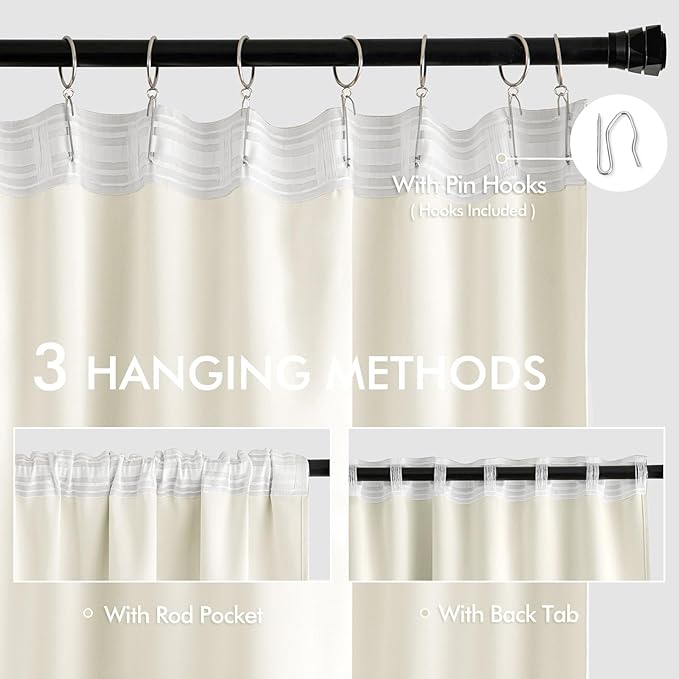 MIULEE Cream Back Tab Blackout Curtains 108 Inch Long 2 Panels Set for Bedroom, Rod Pocket/Pinch Pleat Extra Long Thermal Insulated Living Room Darkening Pleated Light Blocking Drapes