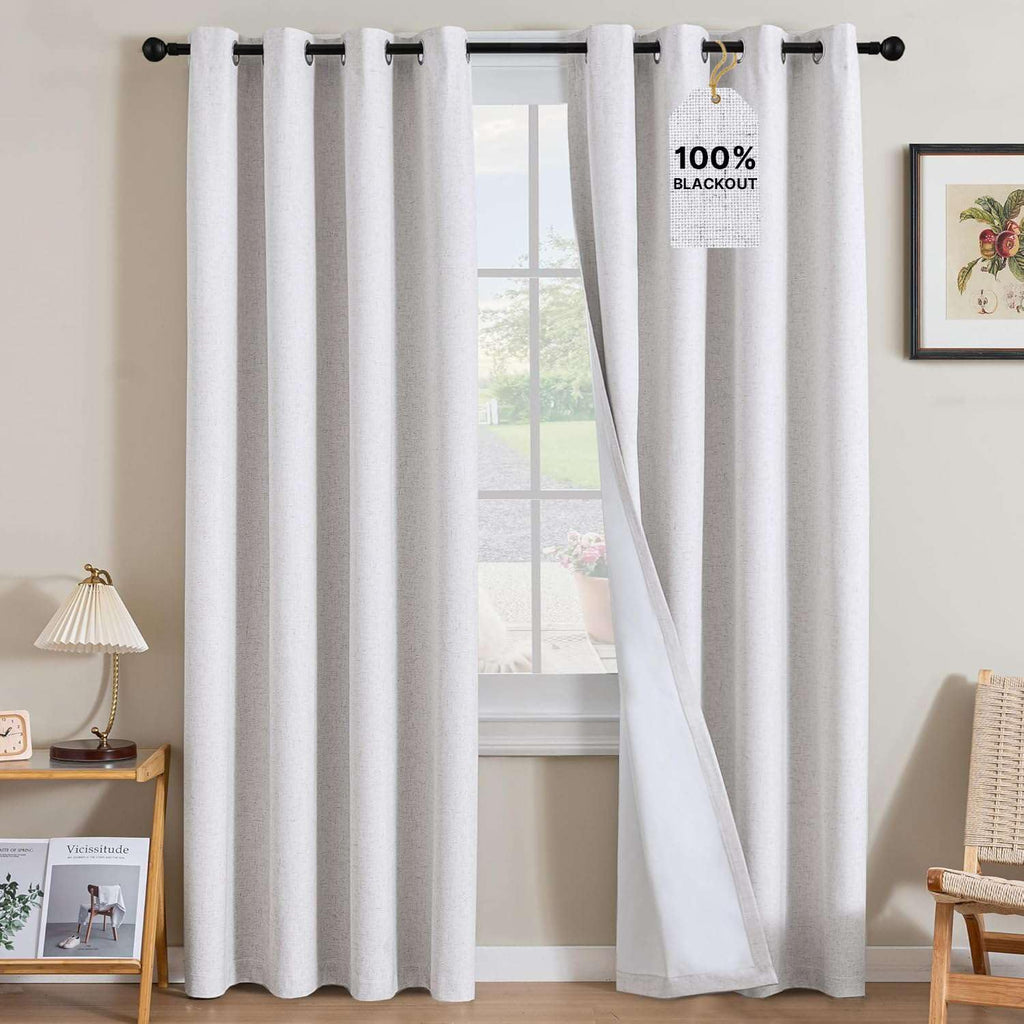 H.VERSAILTEX Linen Curtains 100% Blackout Curtains for Bedroom 96 inch Long Full Light Blocking Nature Linen Blended Window Curtains for Living Room Nickel Grommet (2 Panels, Heathered White)