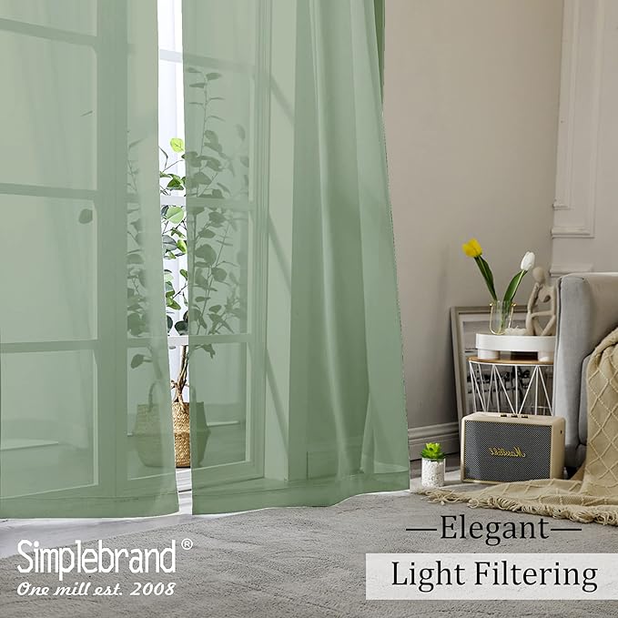 Simplebrand Sage Green Sheer Curtains, 63" Length, 2 Panels Set - Light Filtering, Rod Pocket Window Curtains for Bedroom (Sage Green, 59" W x 63" L)