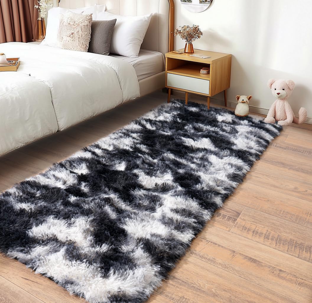 Pionblank Fluffy Runner Rugs for Bedroom 2x6, Black White