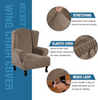 H.VERSAILTEX Wingback Chair Covers Velvet Plush Wing Chair Slipcover 1 Piece High Stretch Wing Back Chair Slipcovers Sofa Cover Furniture Cover with Elastic Bottom, Mocha