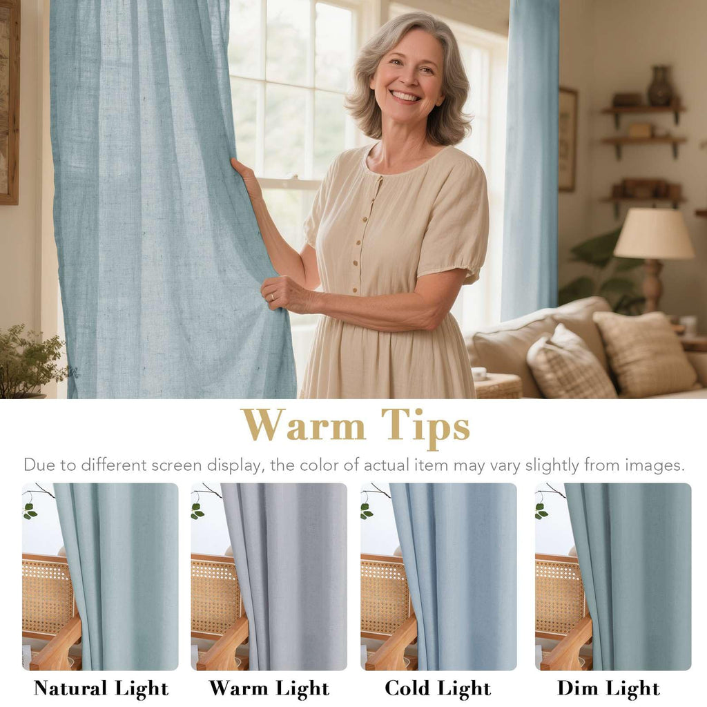H.VERSAILTEX Living Room Linen Curtains - Semi Sheer, Nickel Grommet, Energy Saving, Light Filtering Window Treatments - Cloud Blue, 2 Panels, 52 x 96 Inch