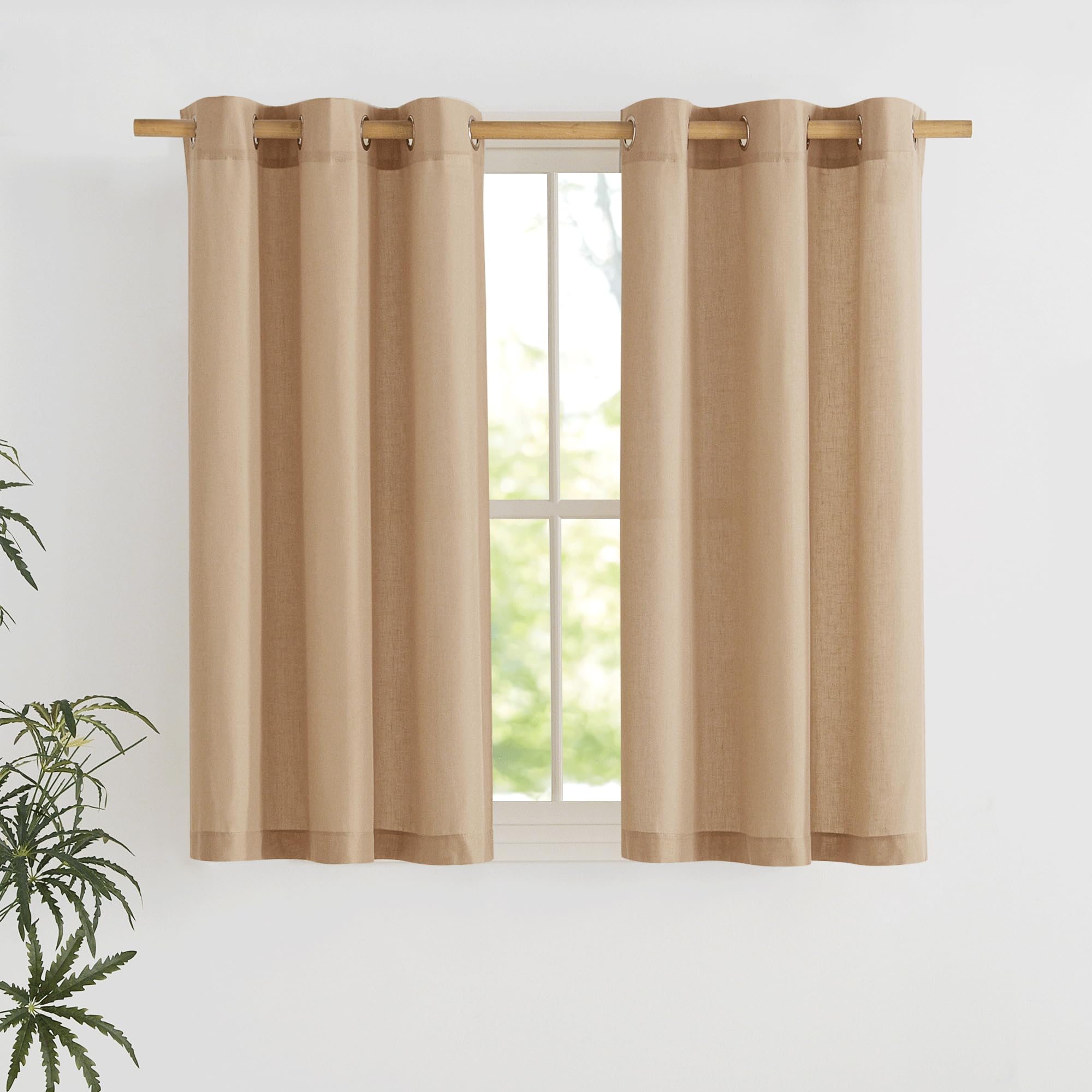 NICETOWN Camel Short Linen Curtains for Kitchen, Thick Flax Small Window Treatments Semi Sheer Privacy Assured with Light Through for Cafe/Bathroom, W42 x L48, 2 Panels