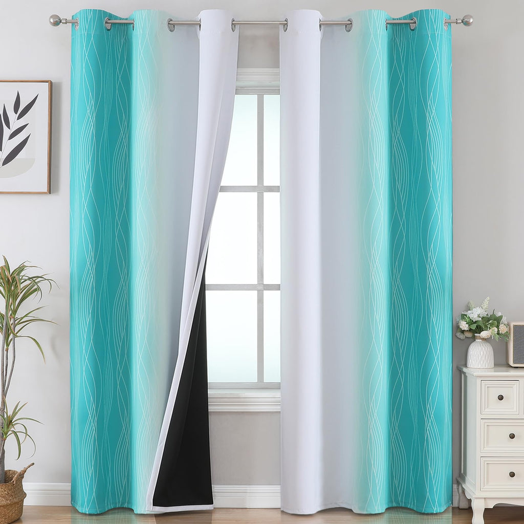 Teal and Grayish White Ombre Blackout Curtains for Living Room 84 Inch Long