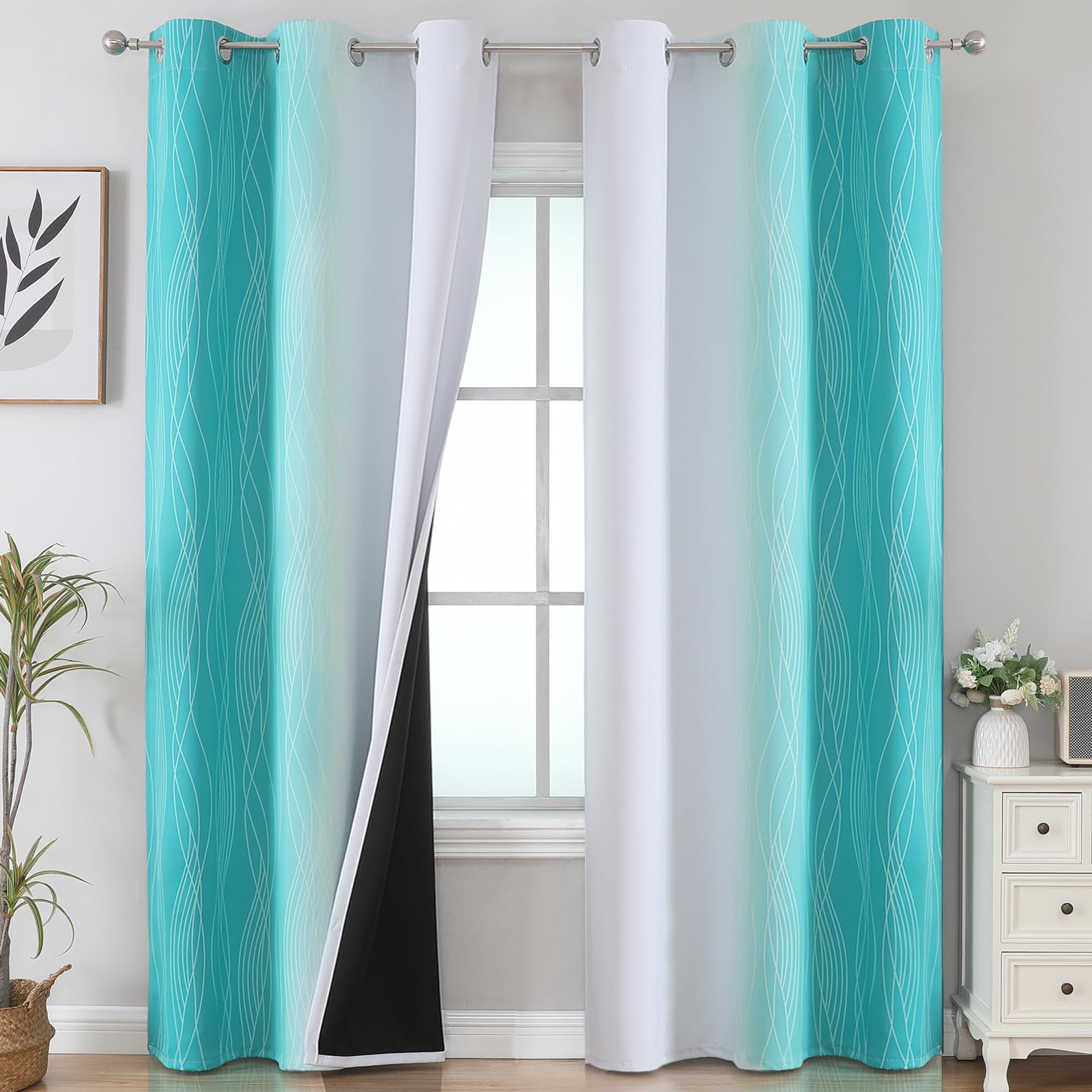 Teal and Grayish White Ombre Blackout Curtains for Living Room 84 Inch Long
