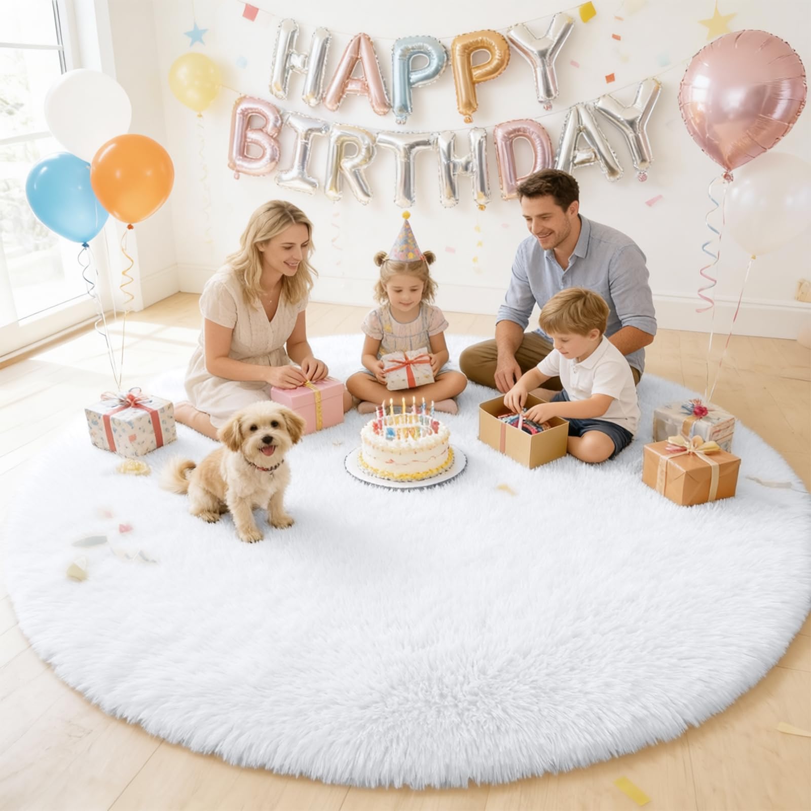 OLANLY White Round Rugs for Bedroom - Machine Washable, 8 ft Circle Area Rugs for Living Room, Soft and Fluffy Shaggy Carpet for Teen Girls and Boys, Nursery Rooms, Dorms, Home Decor Aesthetic