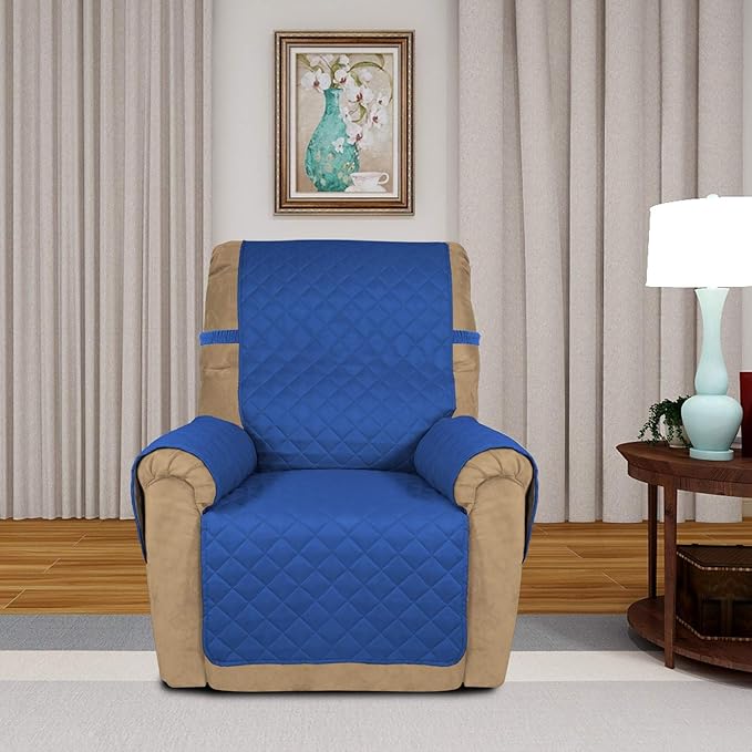 PureFit Reversible Quilted Sofa Cover, Water Resistant Slipcover Furniture Protector, Washable Couch Cover with Non Slip and Elastic Straps for Kids, Dogs, Pets (Small Recliner, Classic Blue/Ivory)