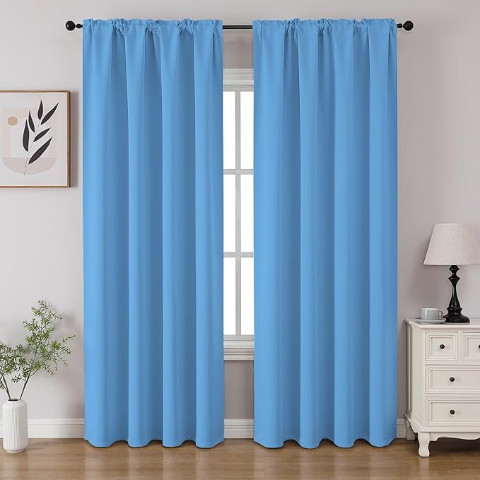 CUCRAF Light Blue Blackout Curtains 90 inch Length 2 Panels Set, Rod Pocket Room Darkening Drapes for Bedroom Living Room, Insulated Thermal Light Blocking Window Curtain (W52 x L90 Inch)