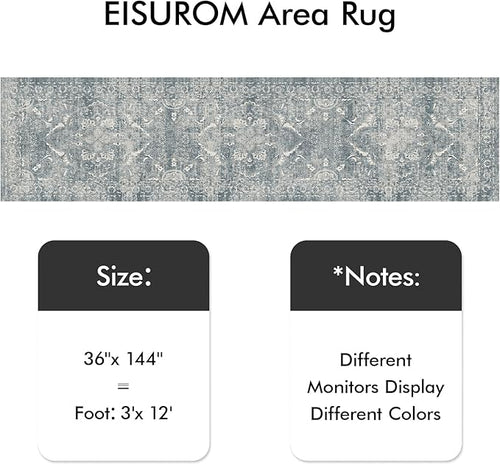3x12 Washable Hallway Runner Rug: Long Vintage Soft Non Slip Rug Blue
