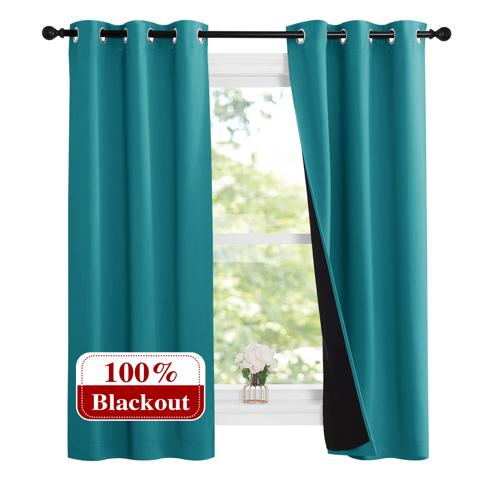 NICETOWN Peacock Teal 100% Blackout Lined Curtains, 2 Thick Layers Narrow Wide Window Treatment Panels Thermal Insulated Drapes for Kitchen Small Window (1 Pair, 37" Width x 63" Length Each Panel)