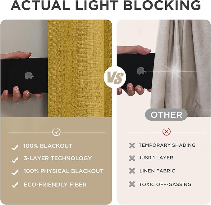 Joydeco Blackout Curtains for Bedroom - 100% Light Blocking 2 Panels Set Yellow Drapes 42" W x 72" L, Thermal Insulated Room Darkening Curtains, Linen Textured for Living Room, Rod Pocket & Back Tabs
