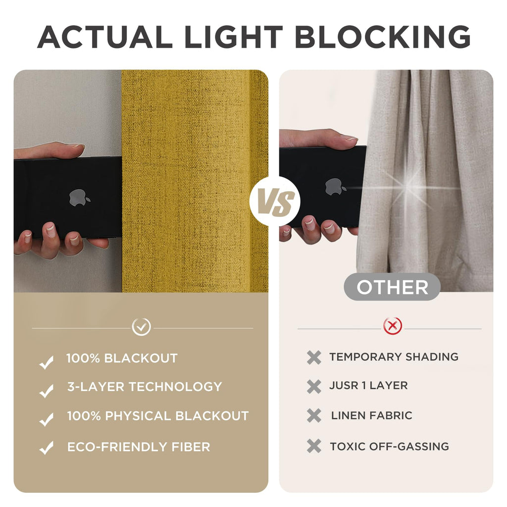 Joydeco Blackout Curtains for Bedroom - 100% Light Blocking 2 Panels Set Yellow Drapes 42"W x 108"L, Thermal Insulated Room Darkening Curtains, Linen Textured for Living Room, Rod Pocket & Back Tabs