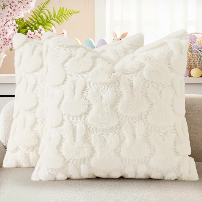 decorUhome Cream White Faux Fur Bunny Throw Pillow Covers 16x16 Set of 2