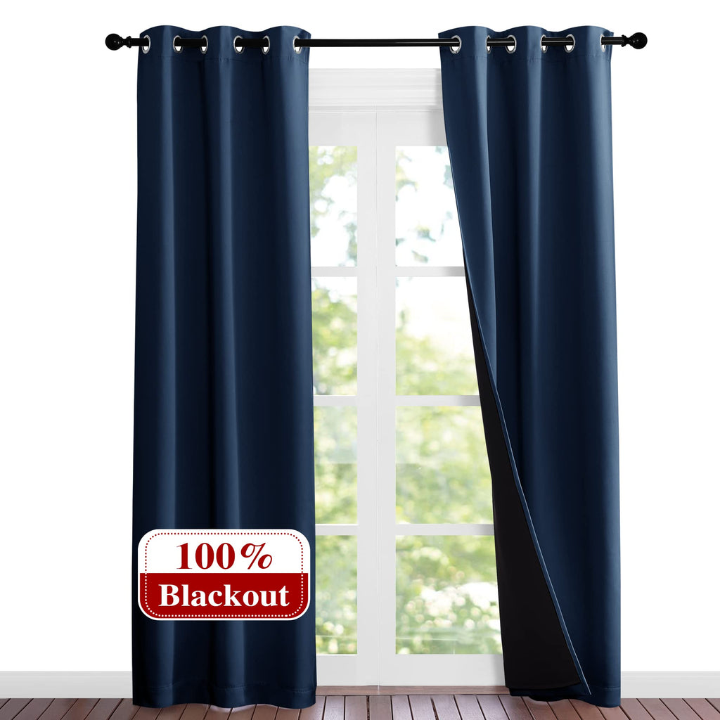NICETOWN Complete 100% Blackout Curtain Set, Thermal Insulated & Energy Efficiency Window Draperies for Guest Room, Full Shading Panels for Shift Worker and Light Sleepers, Navy Blue, 37W x 84L, 2 Pcs