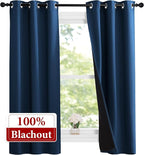 NICETOWN 100% Blackout Short Curtains with Black Liners, 2 Panels, 37"W by 63"L, Moroccan Blue, Solid Thermal Insulated Full Blackout 2-Layer Lined Drapes, Energy Efficiency Window Drapes for Bedroom