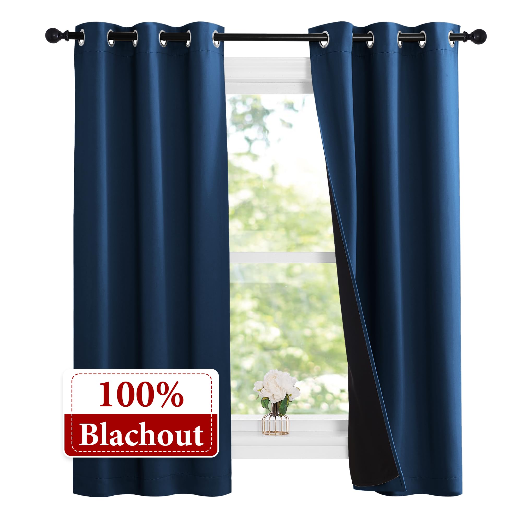 NICETOWN 100% Blackout Short Curtains with Black Liners, 2 Panels, 37" W by 50" L, Moroccan Blue, Thermal Insulated Full Blackout 2-Layer Lined Drapes, Energy Efficiency Window Draperies for Bedroom
