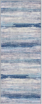 KOZYFLY Modern Abstract Washable Rug Runner 2x5 Hallway Rug Runner Non-Slip Soft Kitchen Runner Rugs, Blue/Grey/Beige Striped Carpet for Entryway Bathroom Laundry Room Foyer