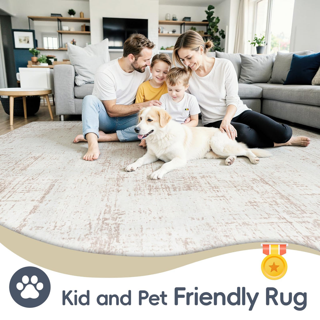 9x12 Washable Area Rug for Living Room Bedroom: Non-Slip Modern Beige White