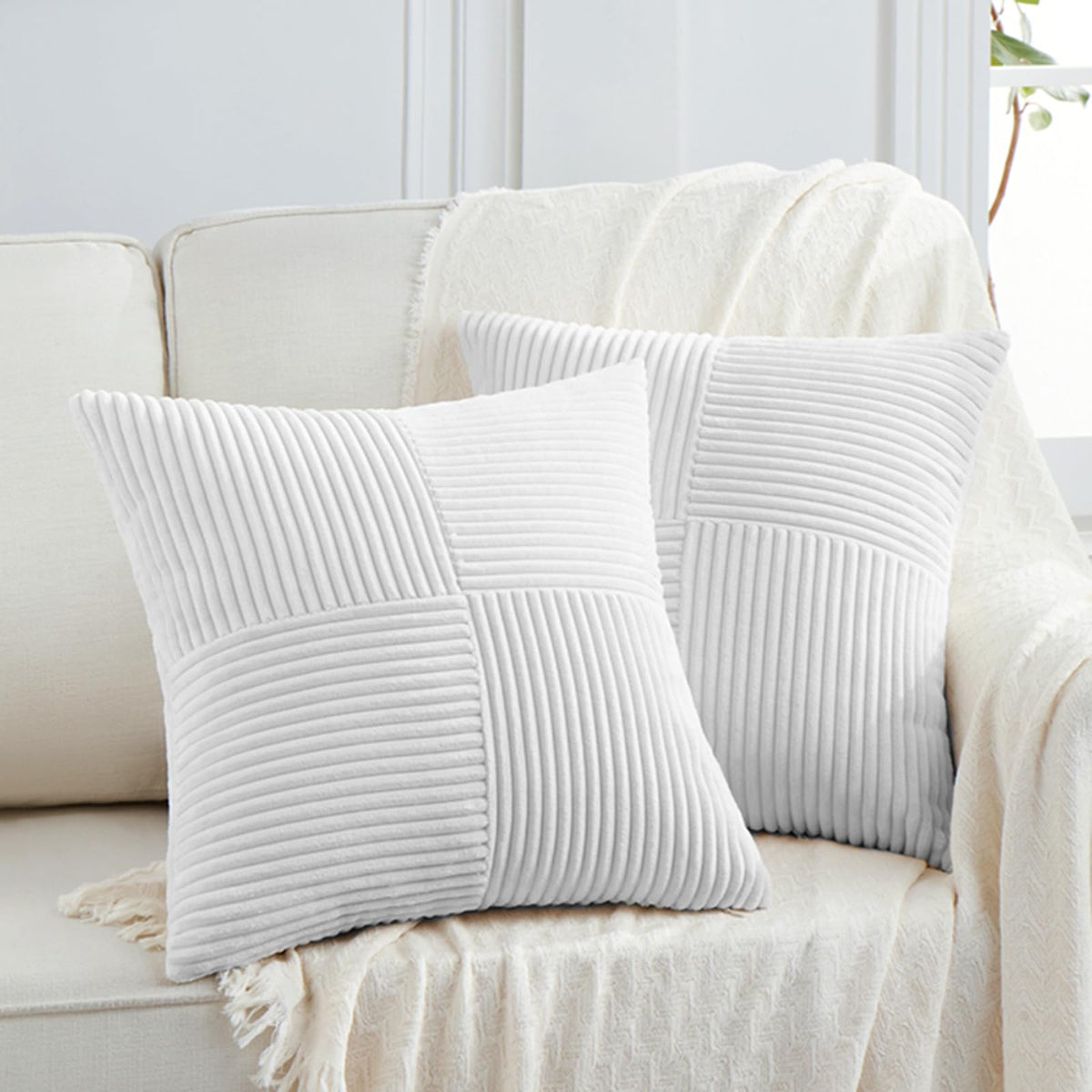 Fancy Homi 2 Packs Blush Pink Euro Decorative Throw Pillow Covers 26x26 Inch for Couch Bed Bedroom, Farmhouse Boho Home Decor, Soft Corss Corduroy Patchwork Textured Square Cushion Case 66x66 cm
